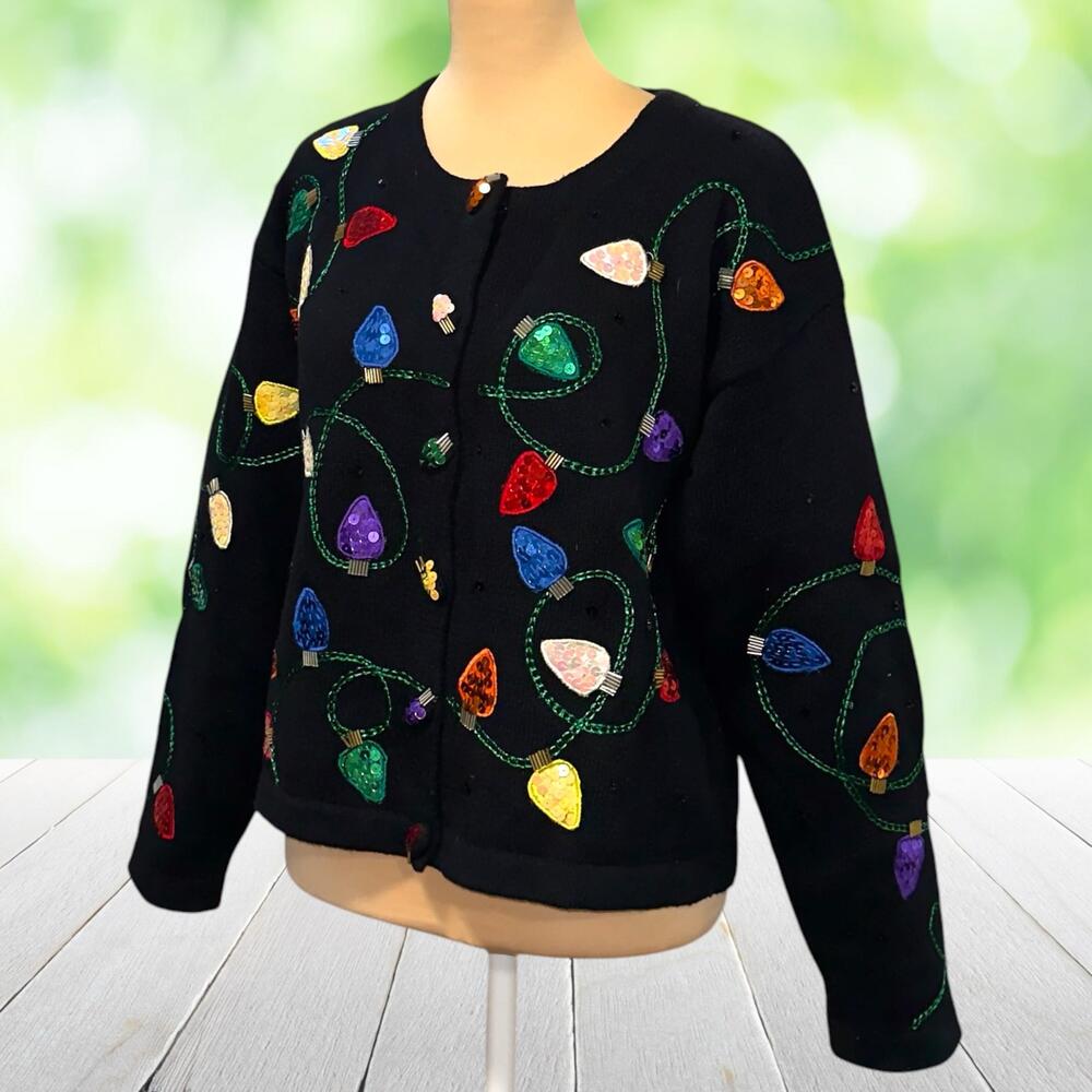 Vtg JANES CLOSET Christmas Light Cardigan Sweater Sequin Glam Holiday Black Sz S